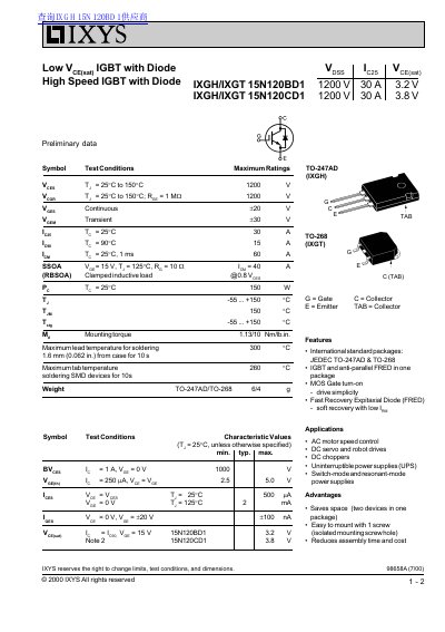 IXYS IXGH/IXGT 15N120BD1/15N120CD1 Preliminary Datasheet - cover page