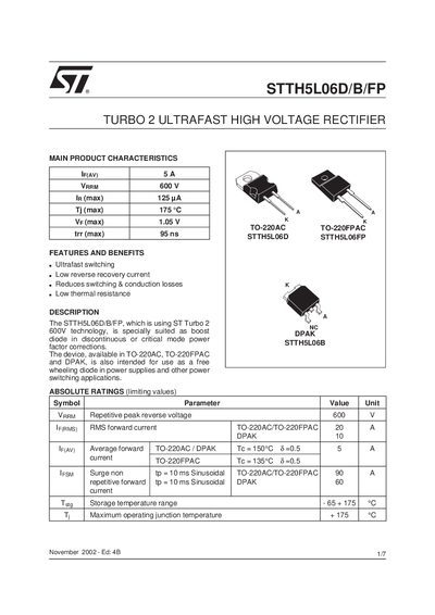 STMicroelectronics STTH5L06D/B/FP Datasheet - cover page