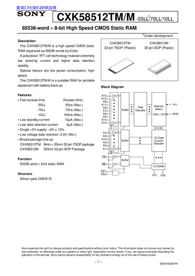 SONY CXK58512TM/M-55LL/70LL/10LL handbook - cover page