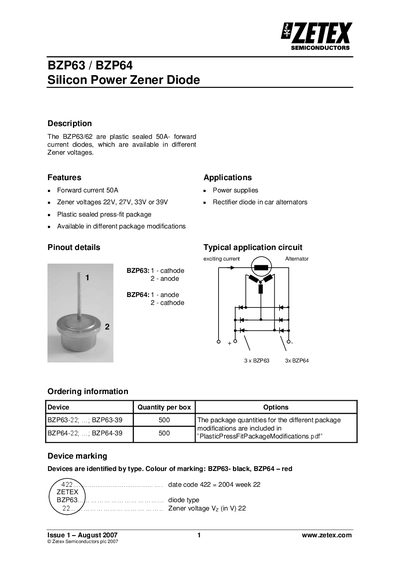 Zetex BZP63/BZP64 Silicon Power Zener Diode Datasheet - cover page