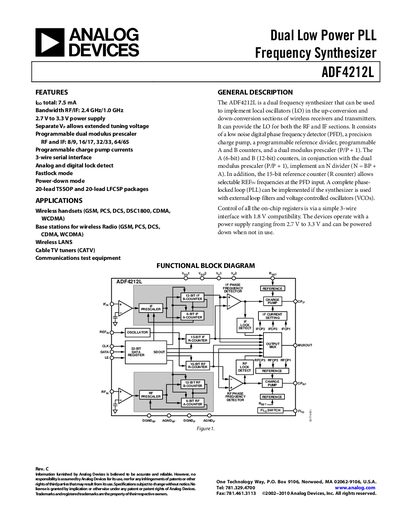Analog Devices ADF4212L Dual Low Power PLL Frequency Synthesizer Datasheet - cover page