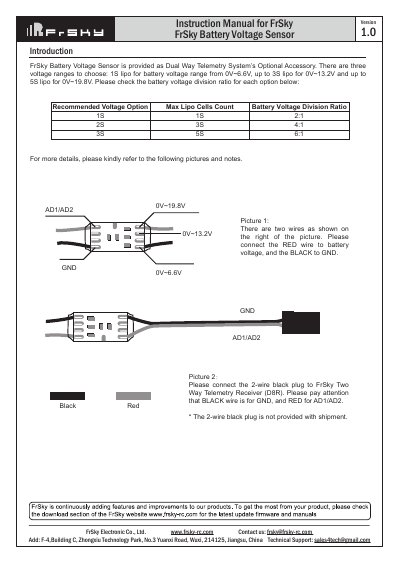 FrSky Battery Voltage Sensor Instruction Manual - cover page