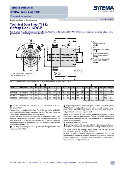 SITEMA KRGP 16/22/28 Safety Lock Technical Data Sheet - cover page