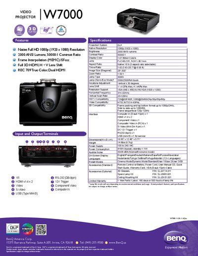 BenQ W7000 Video Projector Manual - cover page