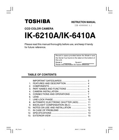 Toshiba IK-6210A/IK-6410A CCD Color Camera Instruction Manual - cover page