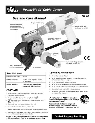 IDEAL 35-078 PowerBlade Cable Cutter Use and Care Manual - cover page