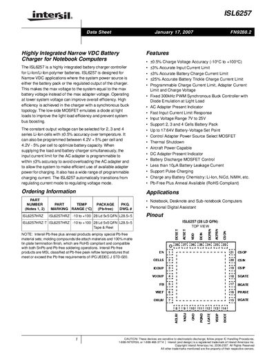 Intersil ISL6257 Battery Charger Controller Datasheet - cover page