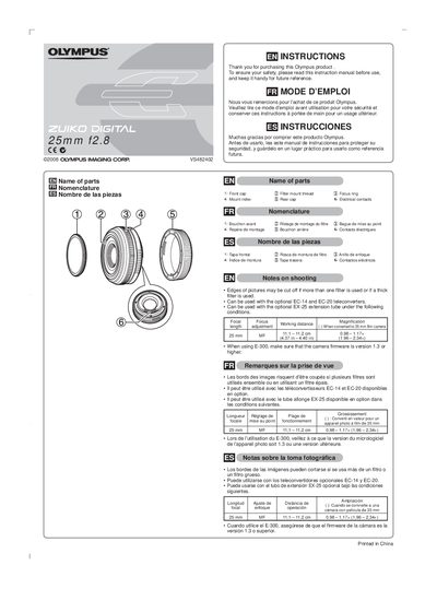 Olympus 25mm f2.8 Lens User Manual - cover page