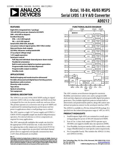 Analog Devices AD9212 10-Bit 40/65 MSPS Serial LVDS ADC Datasheet - cover page
