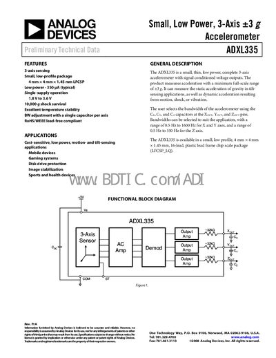 Analog Devices ADXL335 Accelerometer Datasheet - cover page