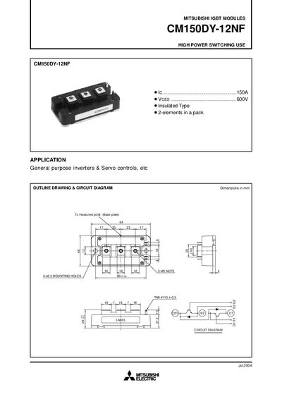 Mitsubishi CM150DY-12NF IGBT Module Datasheet - cover page