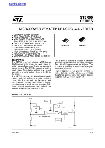 STMicroelectronics ST5R00 Series MicroPower VFM Step-Up DC/DC Converter Datasheet