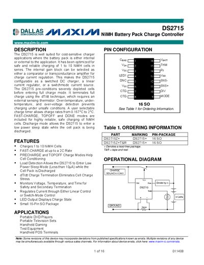 Maxim DS2715 NiMH Battery Pack Charge Controller Datasheet - cover page