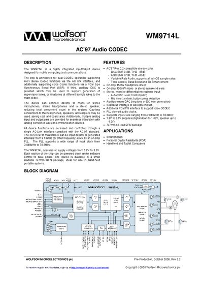 Wolfson WM9714L AC'97 Audio CODEC Datasheet - cover page