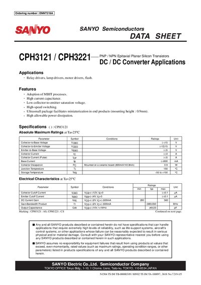 SANYO CPH3121 / CPH3221 Data Sheet - cover page