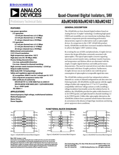 ANALOG DEVICES ADuM2400/ADuM2401/ADuM2402 Quad-Channel Digital Isolators 5KV handbook