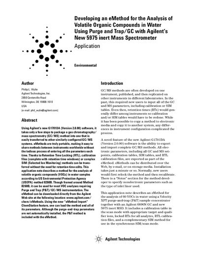 Agilent Technologies Developing an eMethod for the Analysis of Volatile Organic Compounds in Water Using Purge Trap/GC with Agilent s New 5975 inert Mass Spec - cover page
