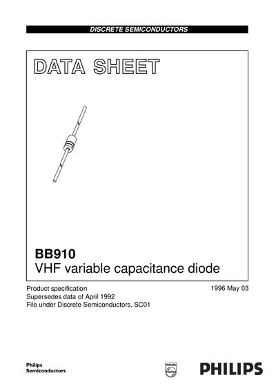 Philips BB910 VHF Variable Capacitance Diode Datasheet - cover page