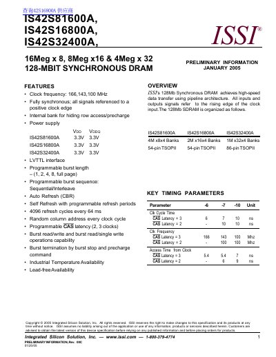 ISSI IS42S81600A/IS42S16800A/IS42S32400A 128Mb SDRAM Datasheet - cover page