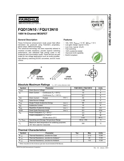 Fairchild Semiconductor FQD13N10/FQU13N10 N-Channel MOSFET Datasheet