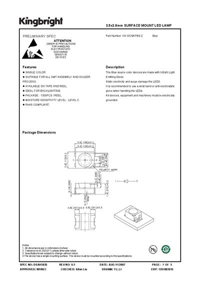 KINGBRIGHT 3.5x2.8mm SURFACE MOUNT LED LAMP KA-3528APBS-Z Manual - cover page