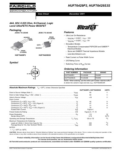 Fairchild HUF76429P3/HUF76429S3S N-Channel Logic Level UltraFET Power MOSFET Data Sheet - cover page
