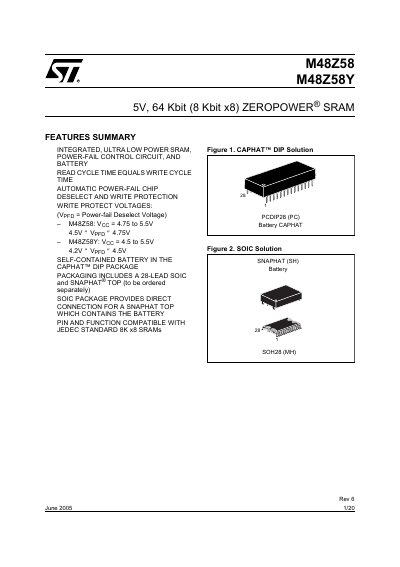 STMicroelectronics M48Z58/M48Z58Y ZeroPower SRAM Datasheet - cover page