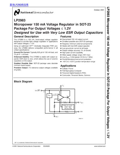 National Semiconductor LP2983 Micropower 150 mA Voltage Regulator in SOT-23 Package For Output Voltages &le; 1.2V handbook - cover page