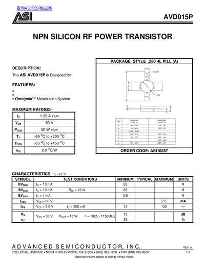 ASI AVD015P NPN Silicon RF Power Transistor Datasheet - cover page