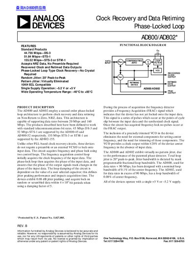 Analog Devices AD800/AD802 Clock Recovery Data Retiming Phase-Locked Loop Datasheet