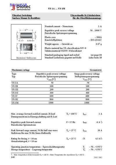 Diotec US 1A–US 1M Ultrafast Switching Surface Mount Si-Rectifiers Datasheet - cover page