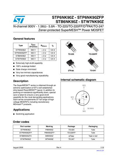 STMICROELECTRONICS STP6NK90Z - STP6NK90ZFP STB6NK90Z - STW7NK90Z handbook - cover page