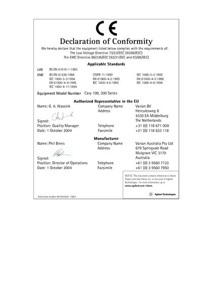 Agilent Cary 100, 300 Series Declaration of Conformity - cover page