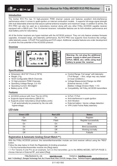 FrSky ARCHER GR8 and ARCHER R10 PRO Receiver Instruction Manual