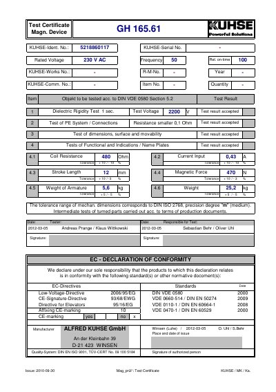 Kuhse GH 165.61 Magnetic Device Test Certificate and Specifications - cover page
