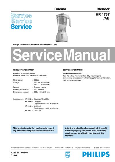 Philips HR 1757 Blender Service Manual - cover page