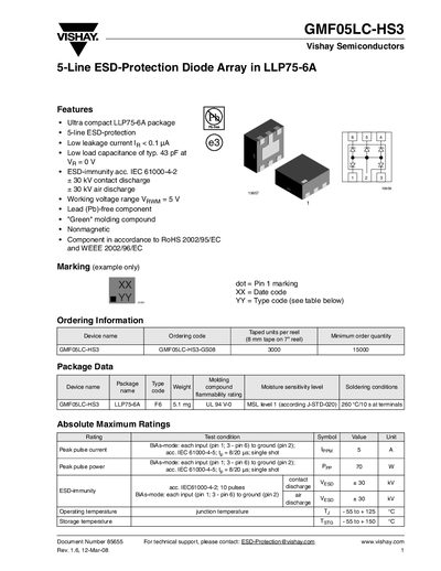 VISHAY SEMICONDUCTOR GMF05LC-HS3 5-Line ESD-Protection Diode Array in LLP75-6A Manual - cover page