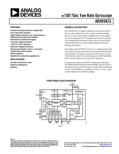Analog Devices ADXRS623 Gyroscope Data Sheet Rev A - cover page