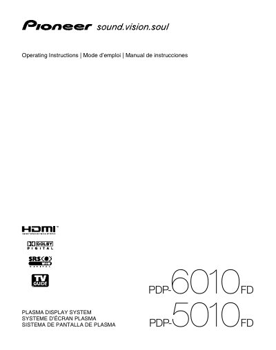 Pioneer PDP-6010FD/PDP-5010FD Plasma Display System Operating Instructions - cover page