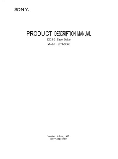 Sony SDT-9000 DDS Tape Drive Product Description Manual - cover page