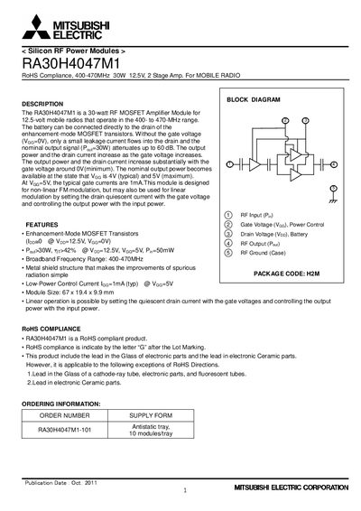 Mitsubishi Electric RA30H4047M1 RF Power Module Datasheet