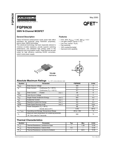 Fairchild FQP9N30 300V N-Channel MOSFET Datasheet - cover page