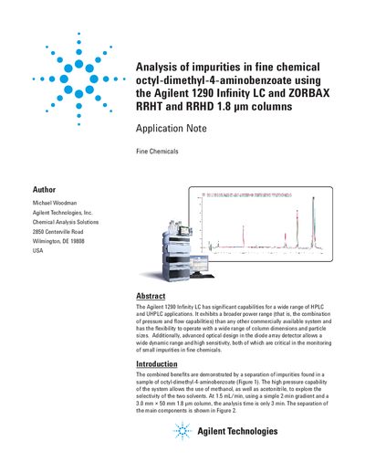 Agilent 1290 Infinity LC Analysis of Impurities in Octyl-dimethyl-4-aminobenzoate Application Note - cover page
