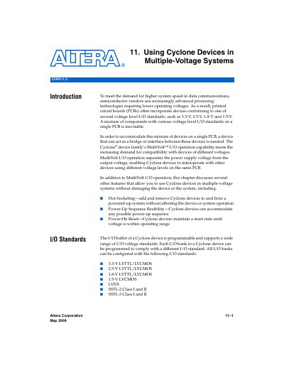 Altera Cyclone Device Handbook Chapter 11 Using Cyclone Devices in Multiple-Voltage Systems - cover page