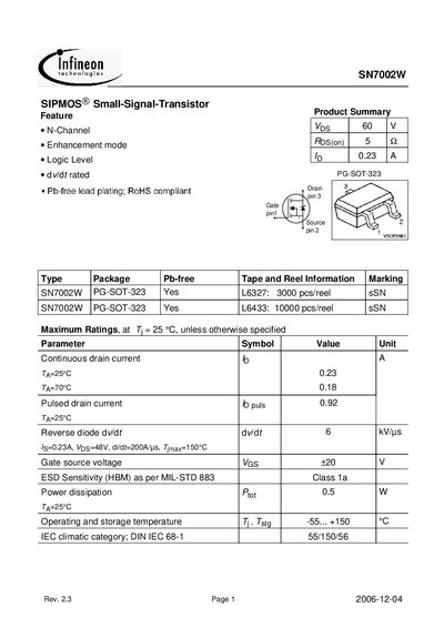 Infineon SN7002W Datasheet - cover page