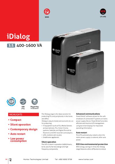 Honlax iDialog 400-1600 VA UPS User Manual - cover page