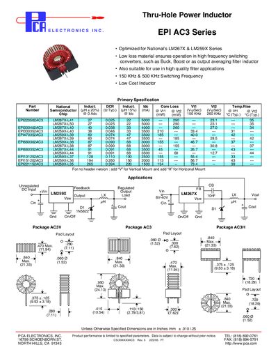 PCA EPI AC3 Series Thru-Hole Power Inductor Datasheet - cover page
