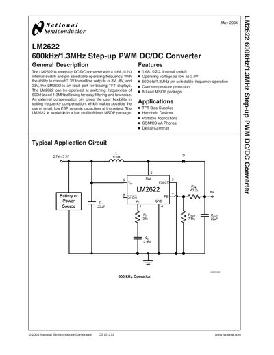 National Semiconductor LM2622 Step-up PWM DC/DC Converter Datasheet - cover page