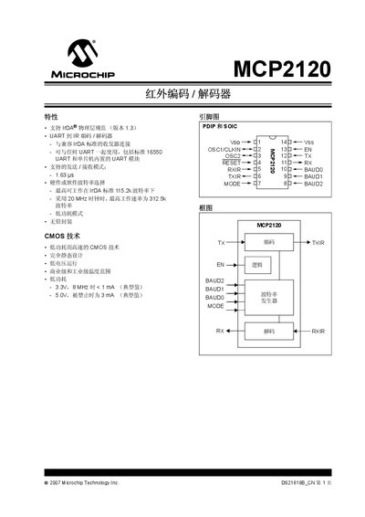 Microchip MCP2120 Infrared Encoder/Decoder Datasheet