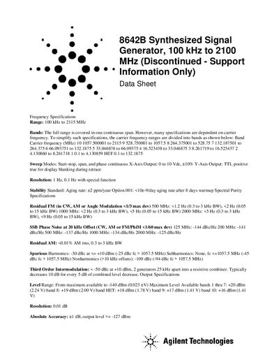 8642B Synthesized Signal Generator 100 kHz to 2100 MHz (Discontinued - Support Information Only) Data Sheet - cover page